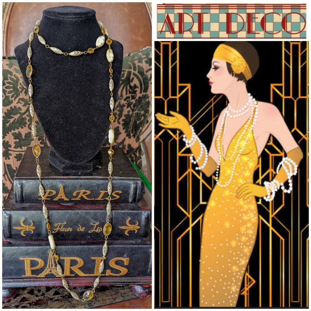 1920s💥CZECH TOPAZ GLASS BRASS TRADING  FILLEGREE BEAD NECKLACE